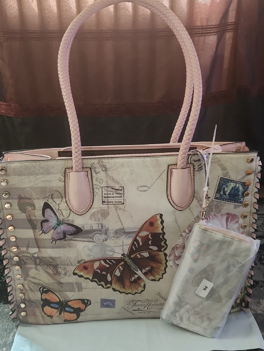 Large Cream & Pink Butterfly Print Tote Bag with Matching Wristlet